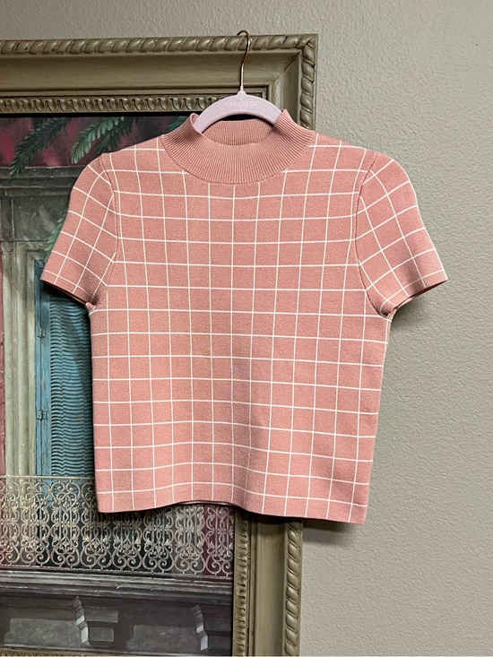 Anthropologie Tops - Anthropologie Maeve Pink Grid Mock-Neck Short Sleeve Top